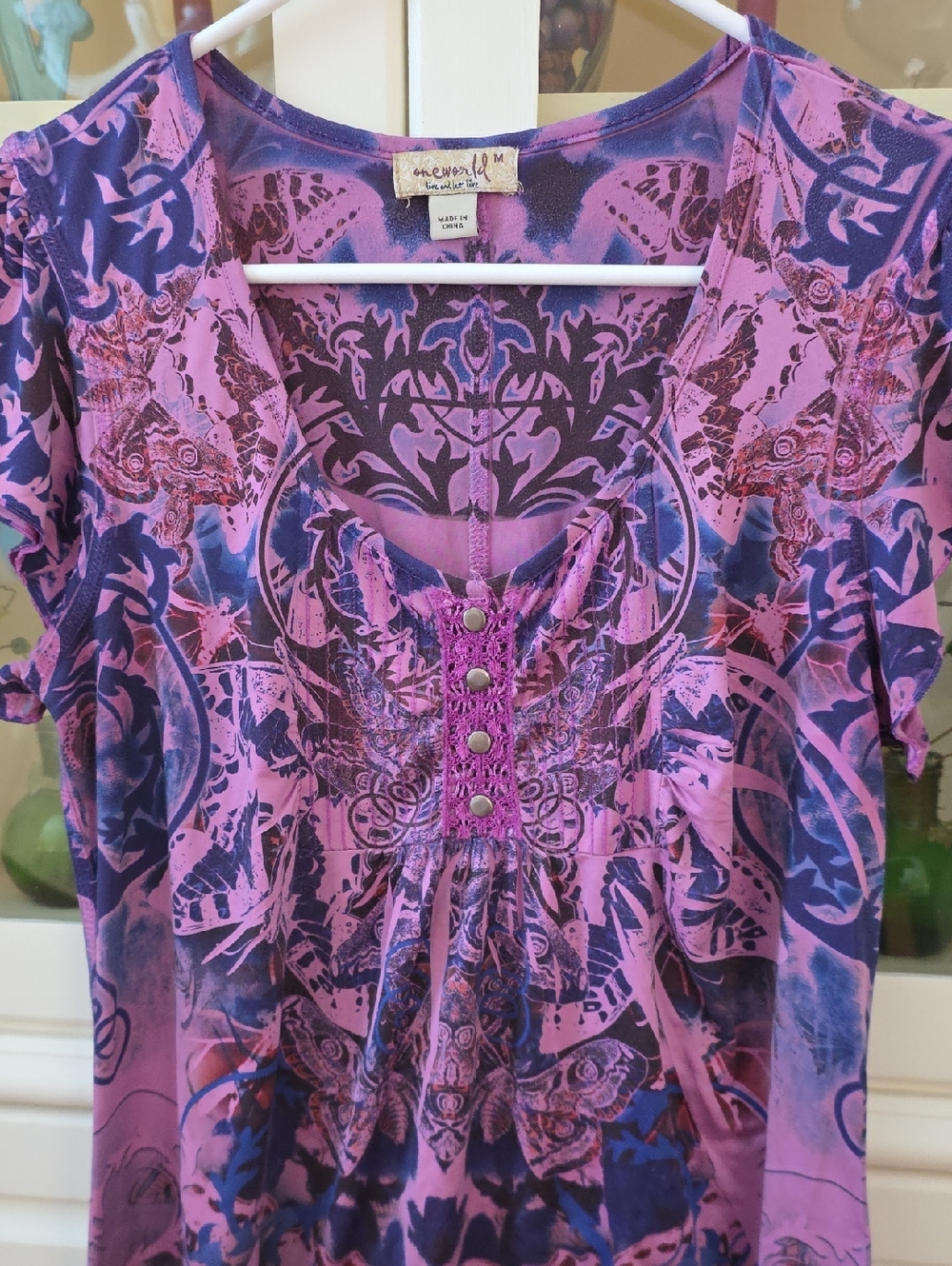 ONE WORLD Pink & Purple V-Neck Short Sleeve Printed Tunic